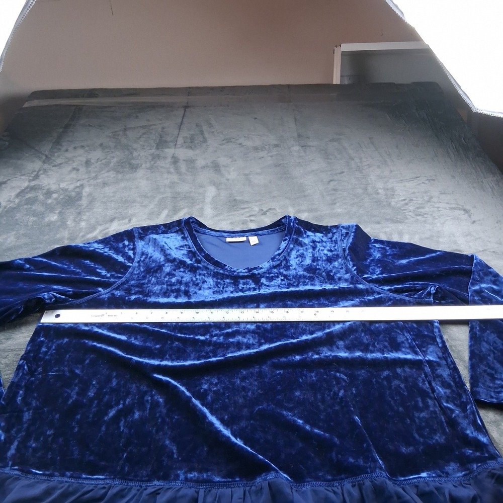 LOGO Lori Goldstein Velvet Tunic 2X Blue Chiffon Trim Ruffle Hem Long Sleeve - Picture 4 of 8
